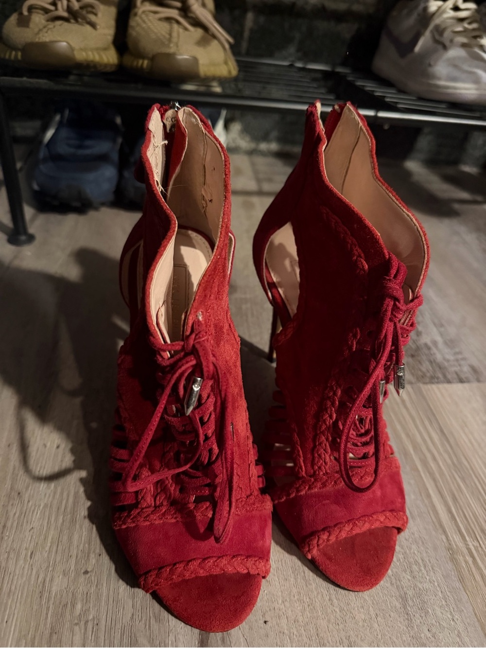 Avec Les Filles Red Suede Lace-Up Peep Toe Heels